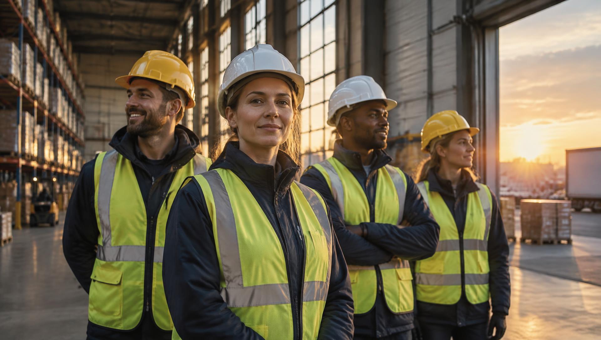 Team van medewerkers in veiligheidshesjes in een logistiek magazijn